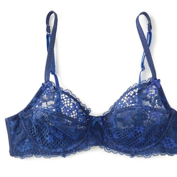 1pcs Unlined Summer PLUS Full Coverage Nylon Two-Tone BLUE Textured Lace Bra - Picture 7 of 16